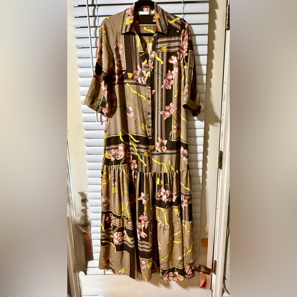 New York & Company Floral Long Sleeve Dress - Brown and Pink